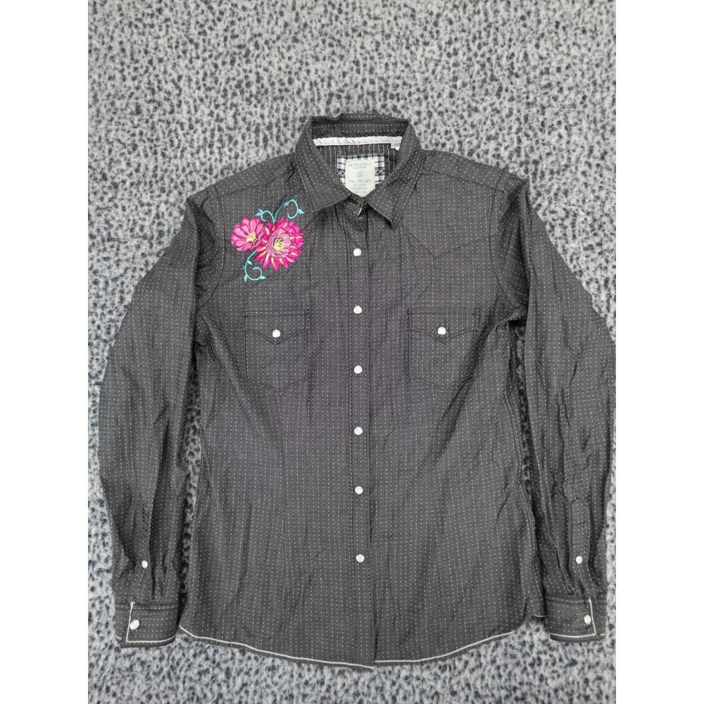 Panhandle Rough Stock Womens Western Snap Shirt Grey Floral Embroidered Small